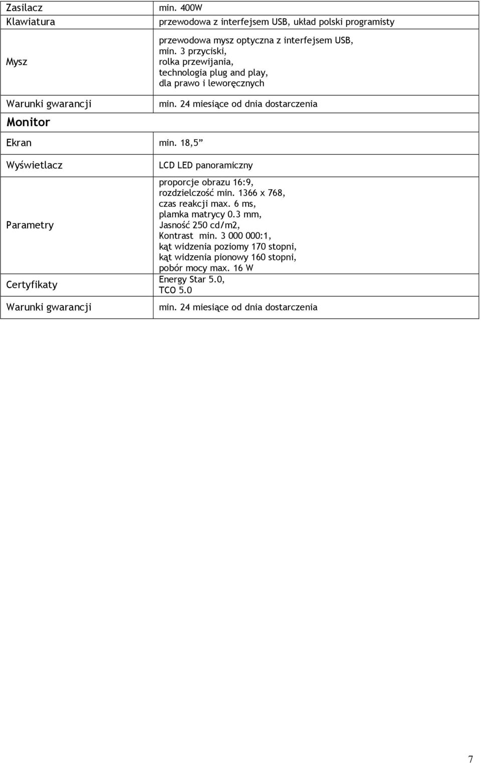 18,5 Wyświetlacz Parametry Certyfikaty Warunki gwarancji LCD LED panoramiczny proporcje obrazu 16:9, rozdzielczość min. 1366 x 768, czas reakcji max.