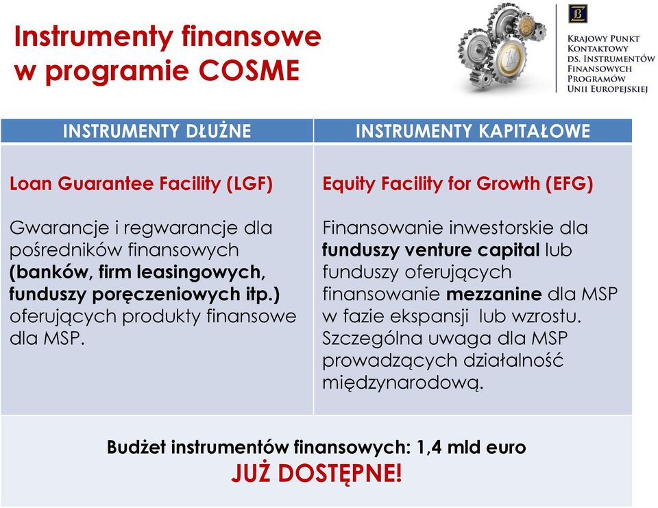 INSTRUMENTY KAPITAŁOWE Equity Facility for Growth (EFG) Finansowanie inwestorskie dla funduszy venture capital lub funduszy oferujących