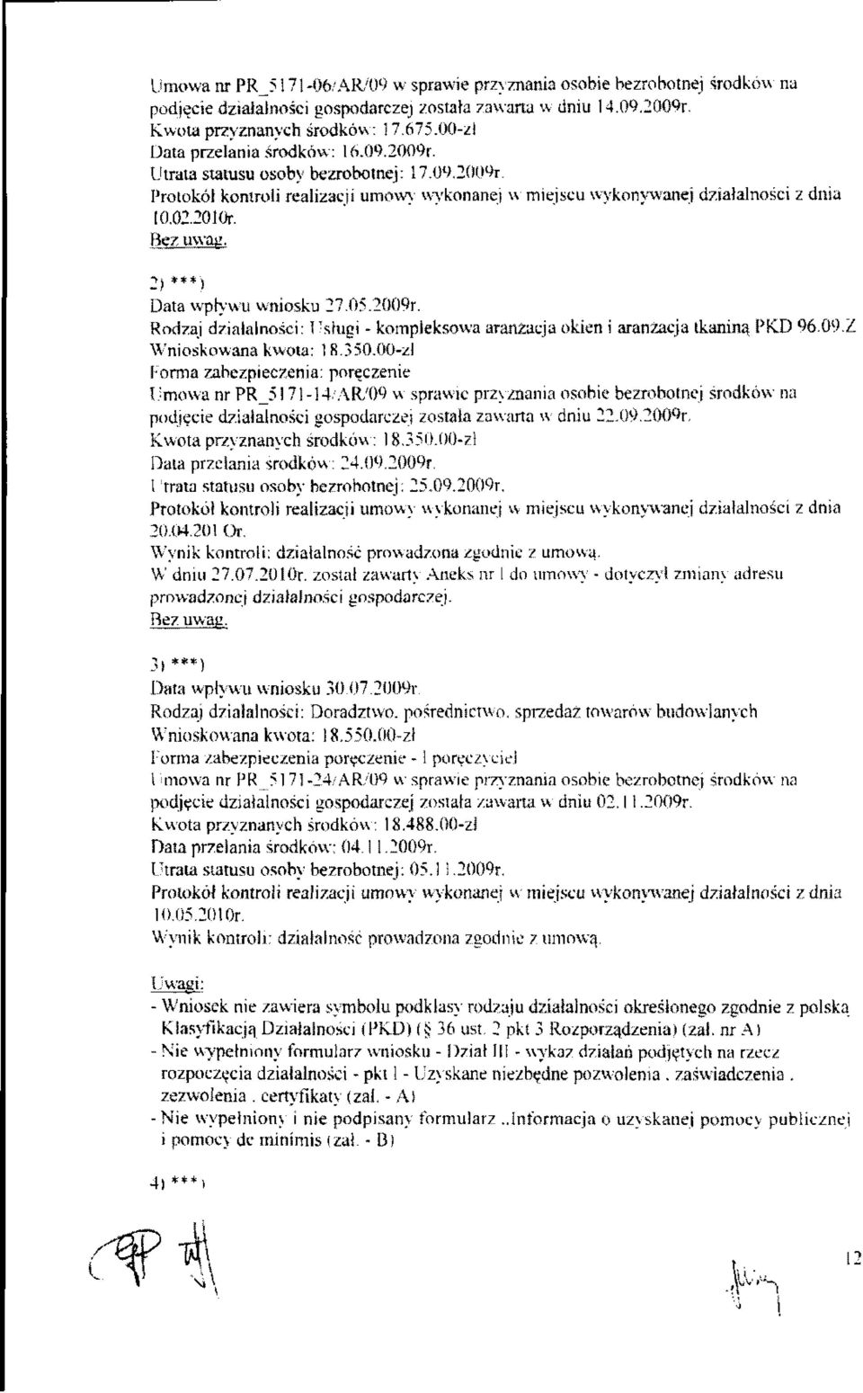 2) ***) Data wpływu wniosku 2?.05.20Q9r. Rodzaj działalności: Usługi - kompleksowa aranżacja okien i aranżacja tkaniną PK.D 96.09.Z Wnioskowana kwota: 18.350.