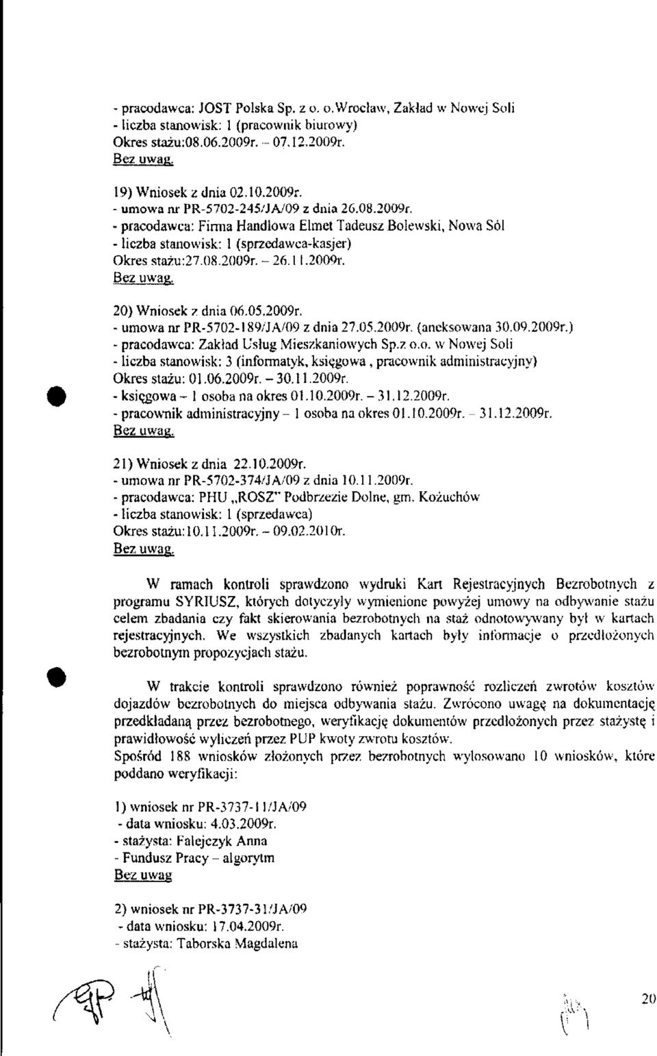 20) Wniosek z dnia 06.05.2009r. - umowa nr PR-5702-189/JA/09 z dnia 27.05.2009r. (aneksowana 30.09.2009r.) - pracodawca: Zakład Usług Mieszkaniowych Sp.z o.o. w Nowej Soli - liczba stanowisk: 3 (informatyk, księgowa, pracownik administracyjny) Okres stażu: 01.