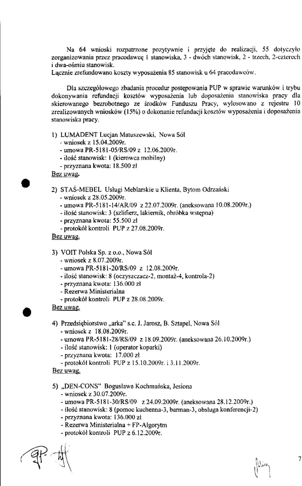 doposażenia stanowiska pracy dla skierowanego bezrobotnego ze środków Funduszu Pracy, wylosowano z rejestru 10 zrealizowanych wniosków (15%) o dokonanie refundacji kosztów wyposażenia i doposażenia