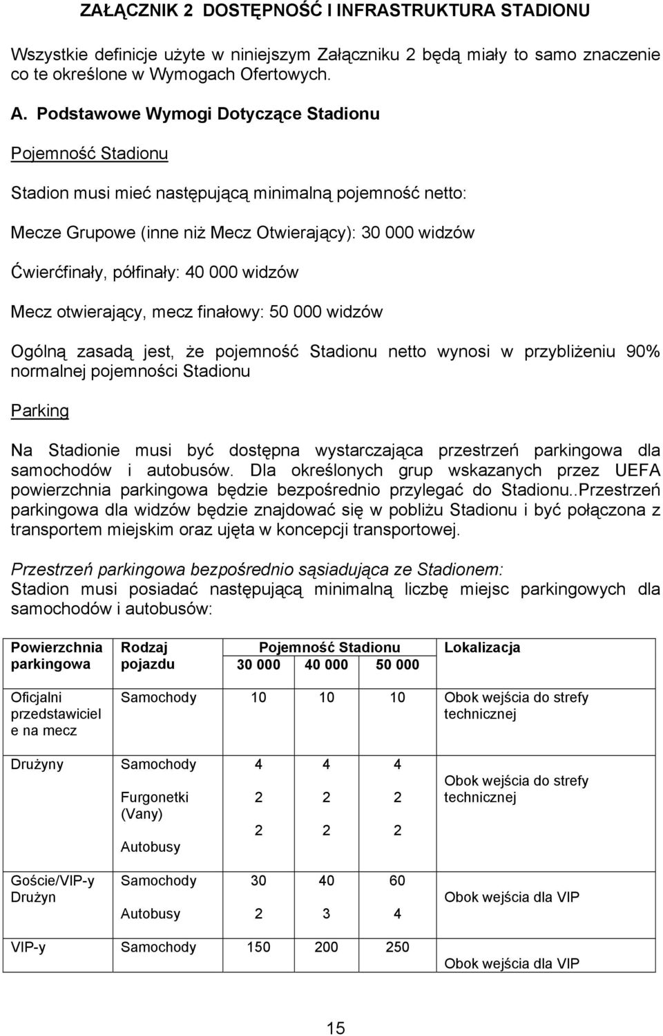 000 widzów Mecz otwierający, mecz finałowy: 50 000 widzów Ogólną zasadą jest, że pojemność Stadionu netto wynosi w przybliżeniu 90% normalnej pojemności Stadionu Parking Na Stadionie musi być