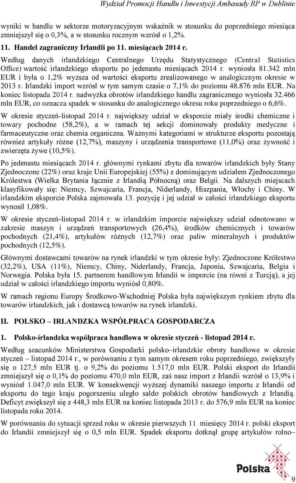 342 mln EUR i była o 1,2% wyższa od wartości eksportu zrealizowanego w analogicznym okresie w 2013 r. Irlandzki import wzrósł w tym samym czasie o 7,1% do poziomu 48.876 mln EUR.