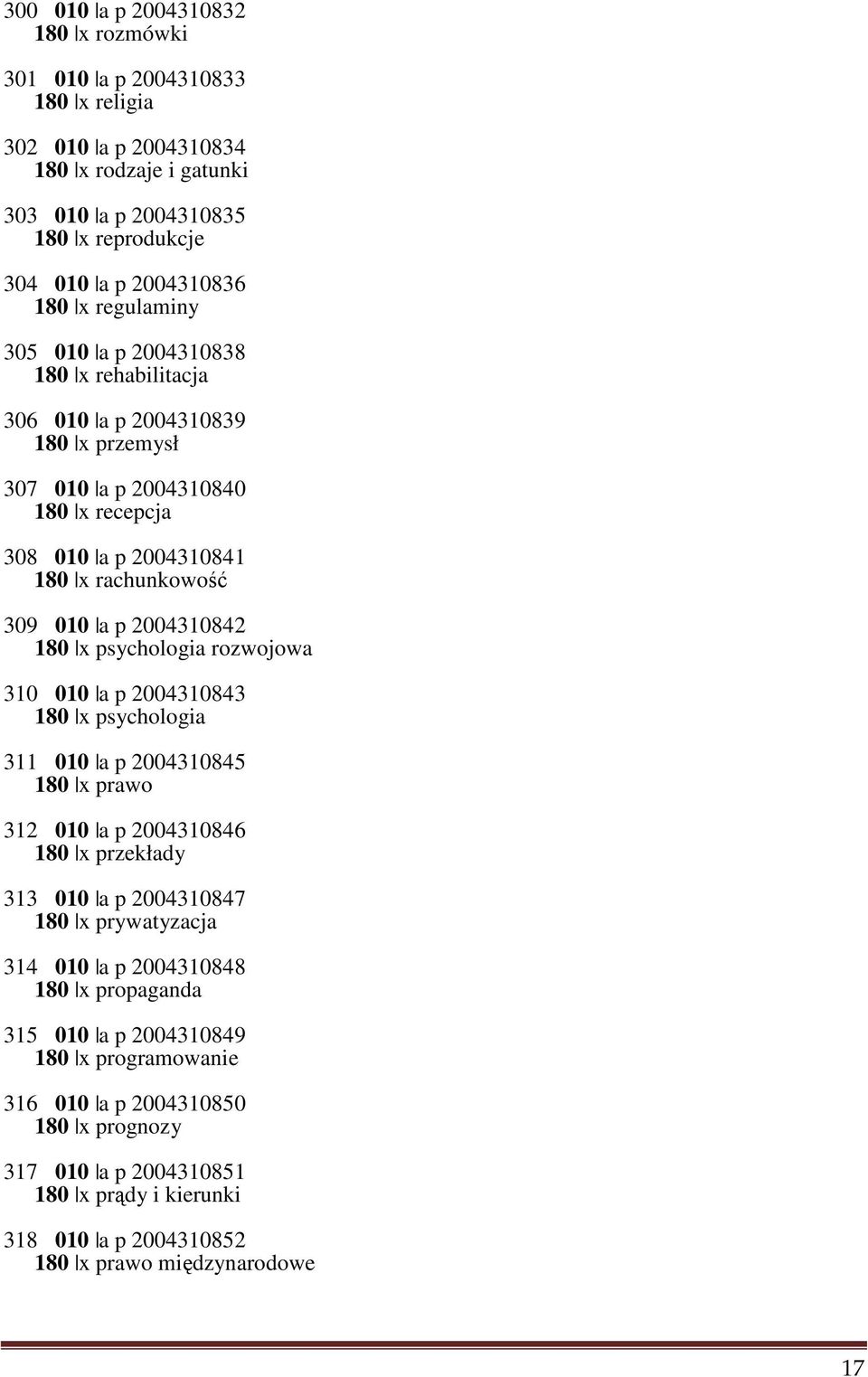 180 x psychologia rozwojowa 310 010 a p 2004310843 180 x psychologia 311 010 a p 2004310845 180 x prawo 312 010 a p 2004310846 180 x przekłady 313 010 a p 2004310847 180 x prywatyzacja 314 010 a p