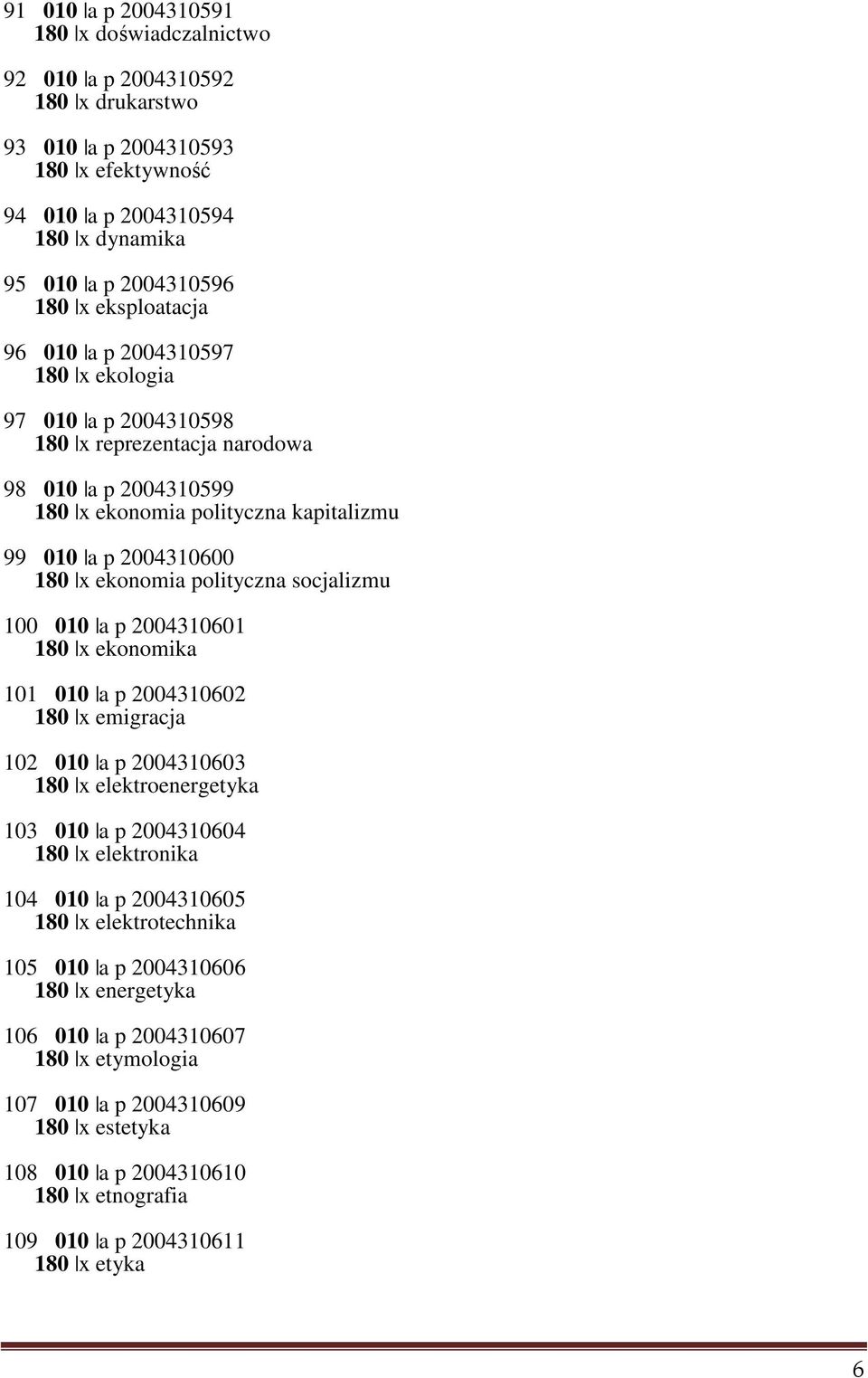 polityczna socjalizmu 100 010 a p 2004310601 180 x ekonomika 101 010 a p 2004310602 180 x emigracja 102 010 a p 2004310603 180 x elektroenergetyka 103 010 a p 2004310604 180 x elektronika 104 010 a p