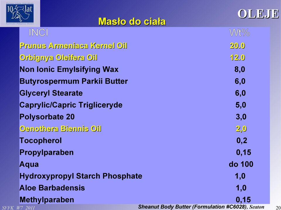 Trigliceryde 5,0 Polysorbate 20 3,0 Oenothera Biennis Oil 2,0 Tocopherol 0,2 Propylparaben 0,15 Aqua do 100
