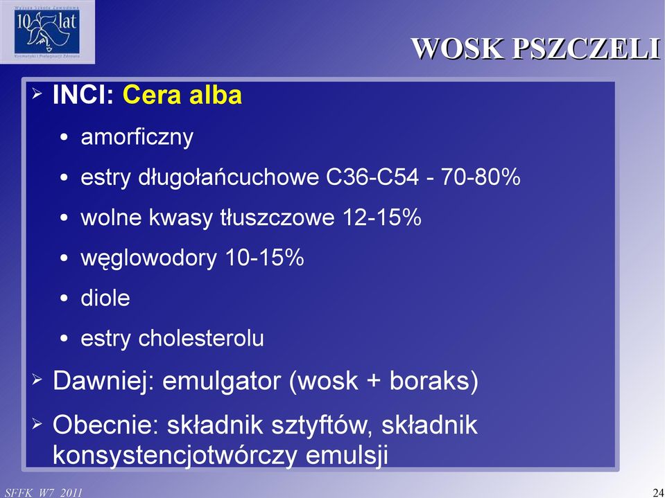 diole estry cholesterolu Dawniej: emulgator (wosk + boraks)