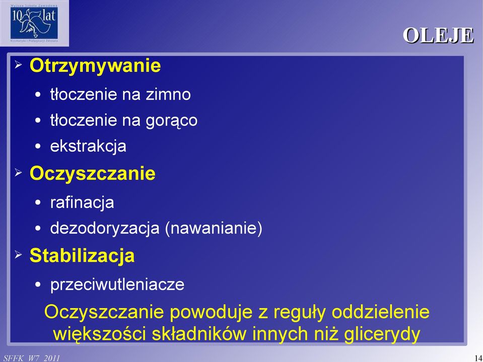 (nawanianie) Stabilizacja OLEJE przeciwutleniacze Oczyszczanie