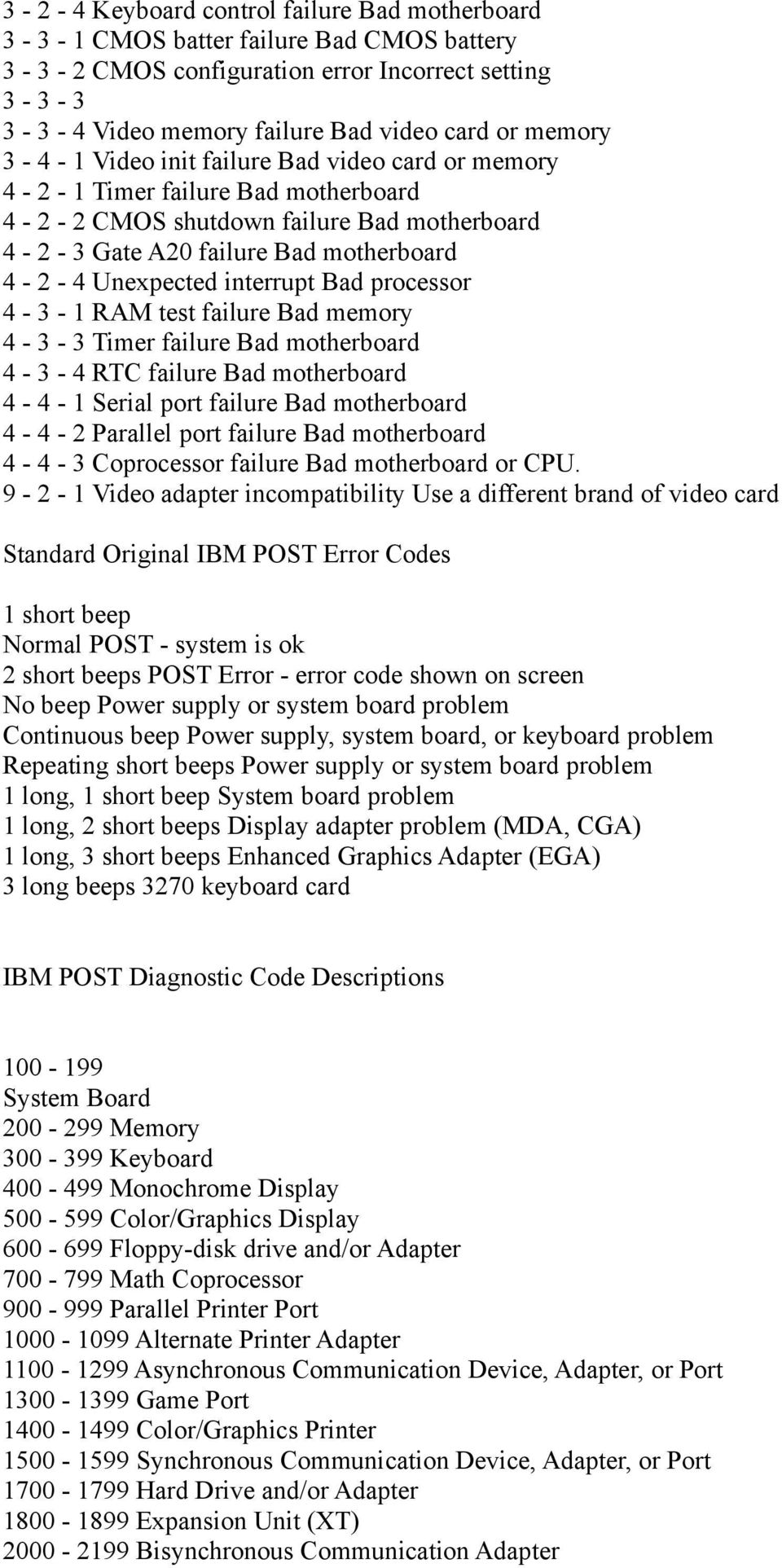 Unexpected interrupt Bad processor 4-3 - 1 RAM test failure Bad memory 4-3 - 3 Timer failure Bad motherboard 4-3 - 4 RTC failure Bad motherboard 4-4 - 1 Serial port failure Bad motherboard 4-4 - 2