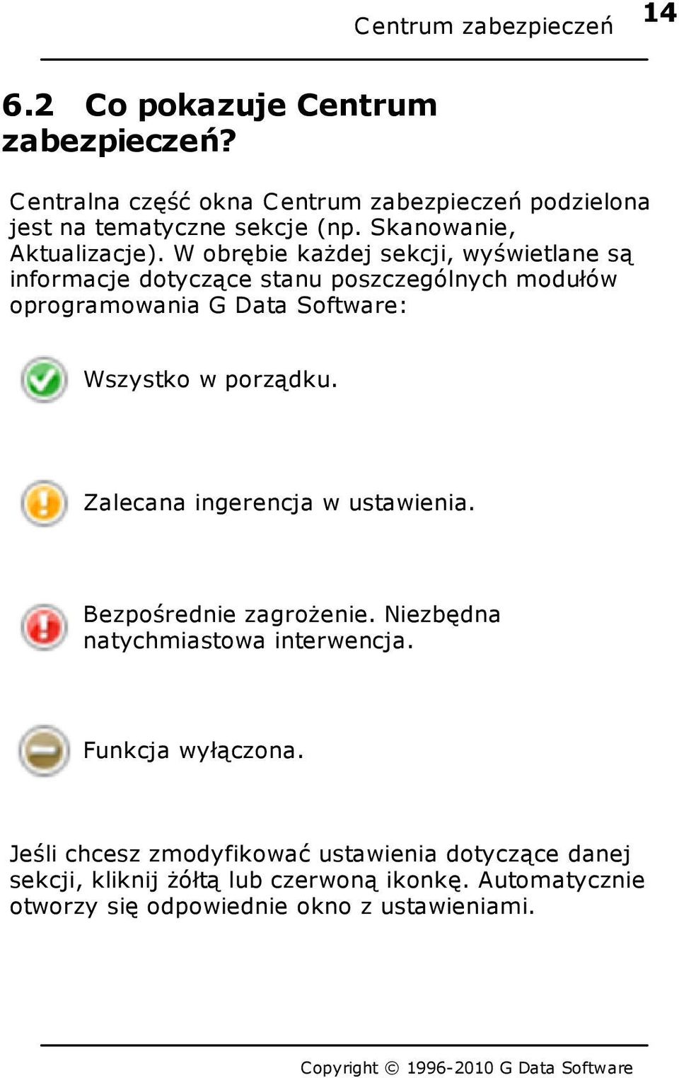 W obrębie każdej sekcji, wyświetlane są informacje dotyczące stanu poszczególnych modułów oprogramowania G Data Software: Wszystko w porządku.