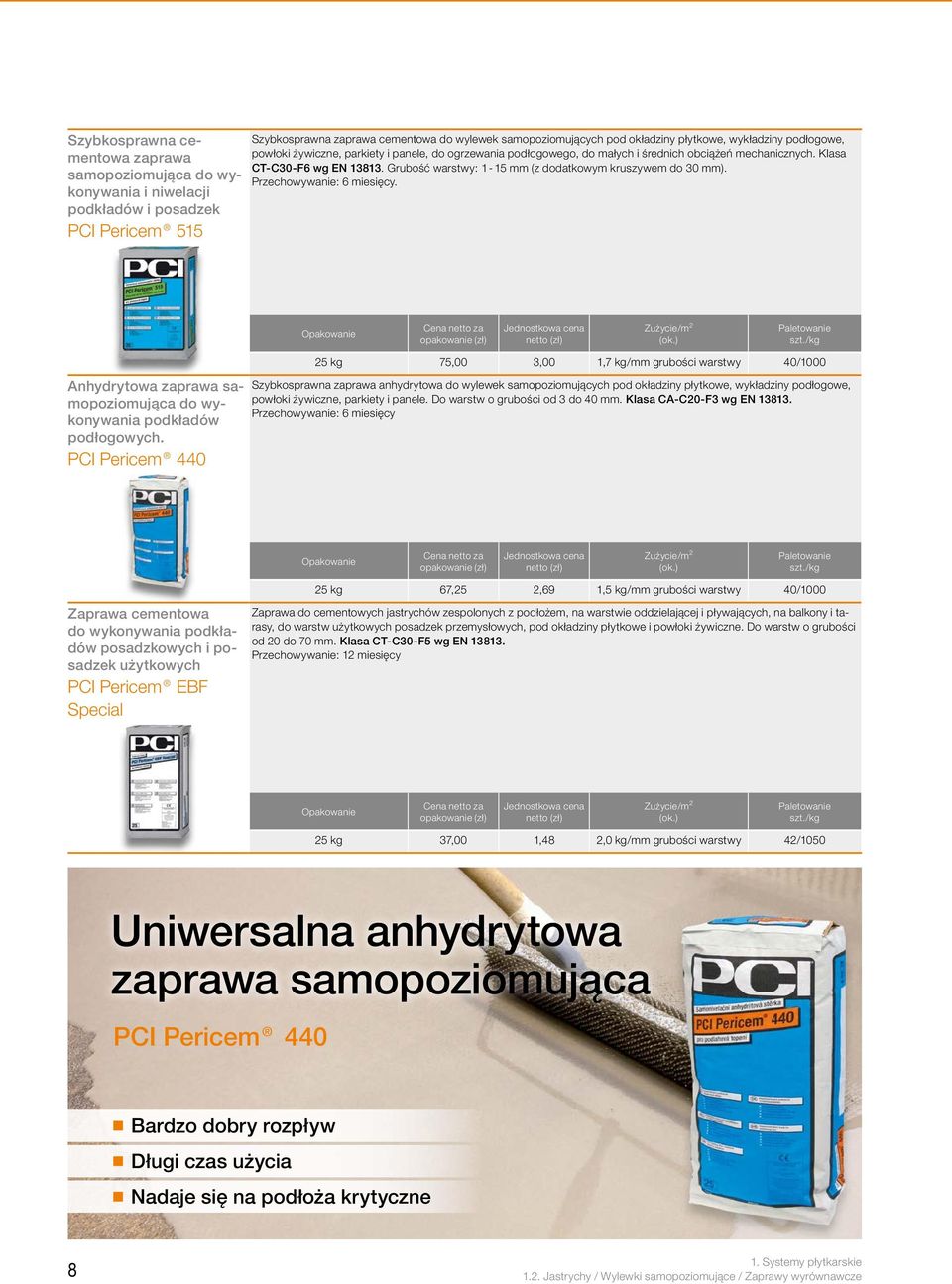 Grubość warstwy: 1-15 mm (z dodatkowym kruszywem do 30 mm). Przechowywanie: 6 miesięcy. Anhydrytowa zaprawa samopoziomująca do wykonywania podkładów podłogowych.