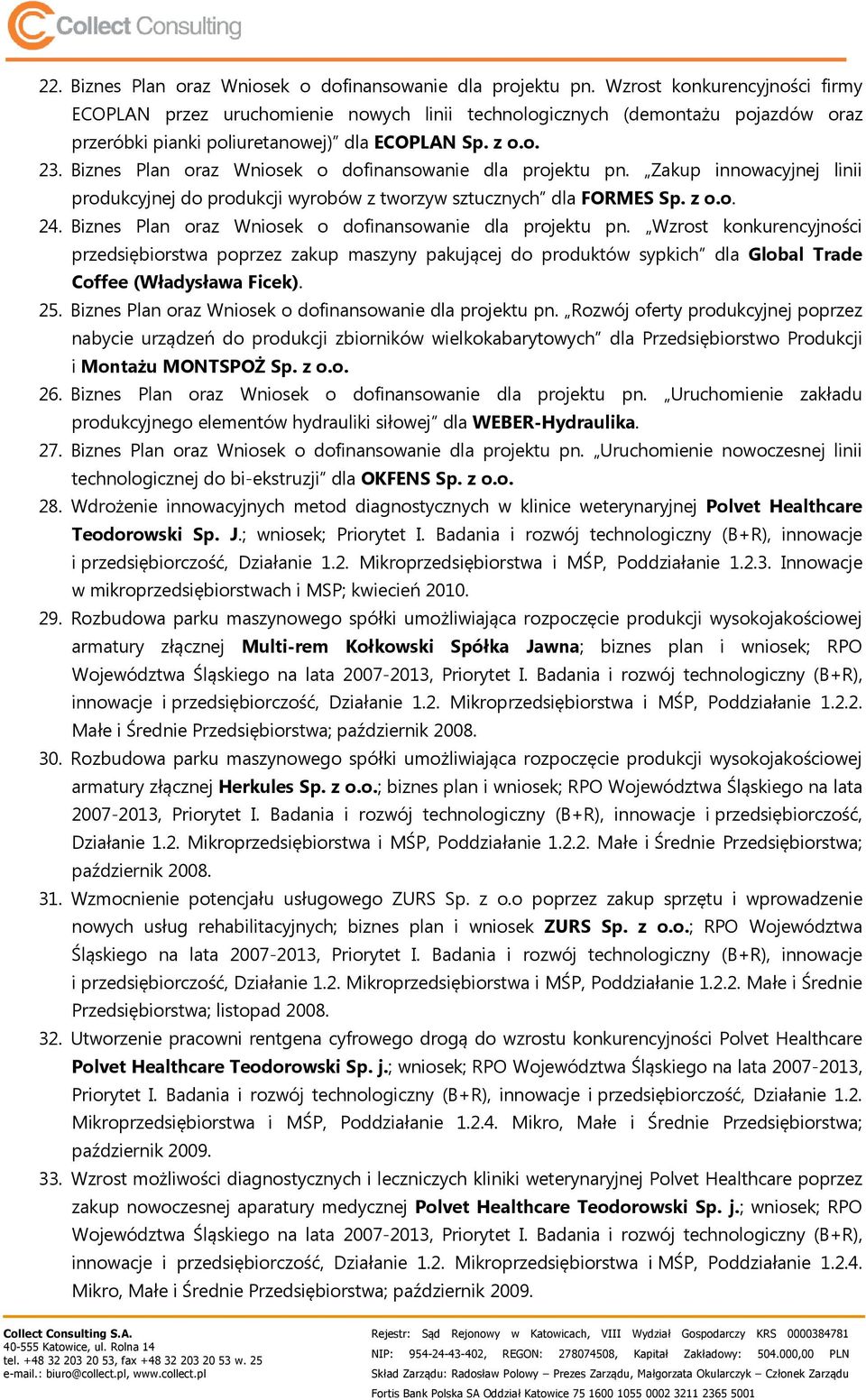 Biznes Plan oraz Wniosek o dofinansowanie dla projektu pn. Zakup innowacyjnej linii produkcyjnej do produkcji wyrobów z tworzyw sztucznych dla FORMES Sp. z o.o. 24.