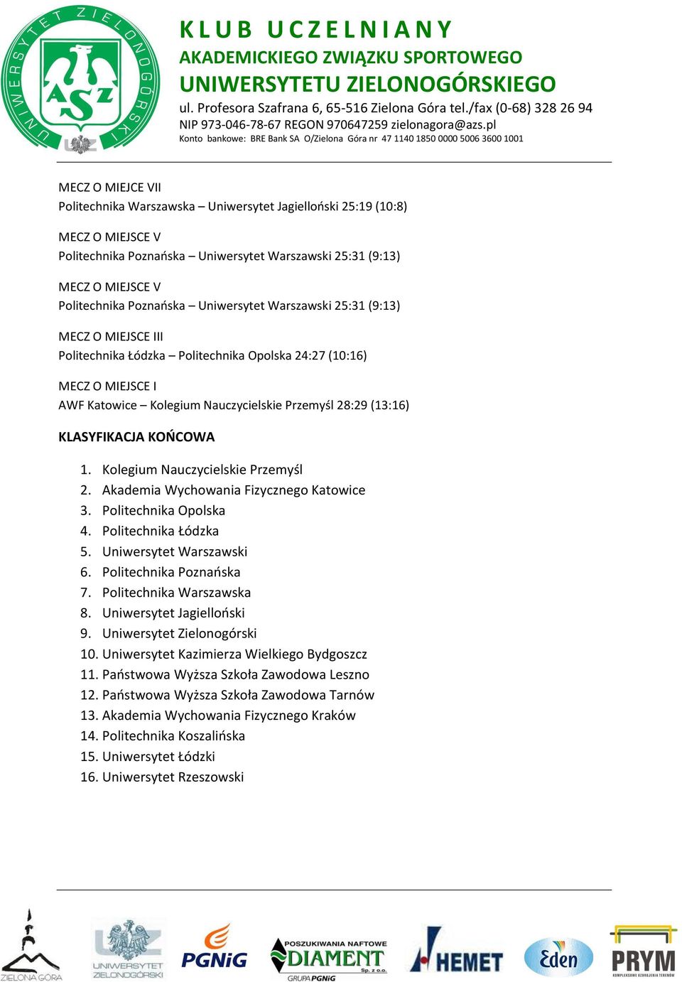 KOŃCOWA 1. Kolegium Nauczycielskie Przemyśl 2. Akademia Wychowania Fizycznego Katowice 3. Politechnika Opolska 4. Politechnika Łódzka 5. Uniwersytet Warszawski 6. Politechnika Poznańska 7.