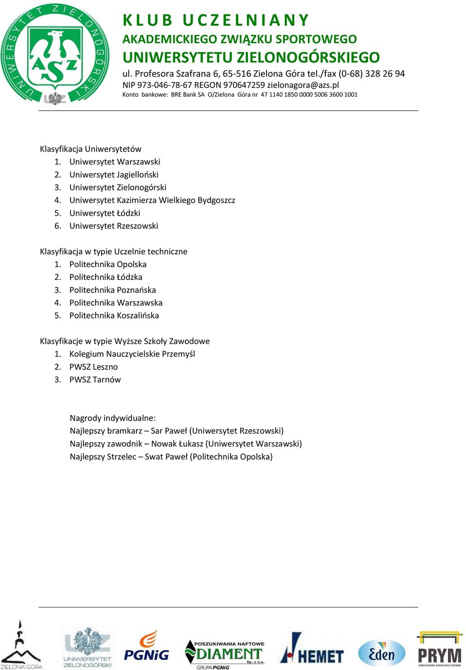 Politechnika Warszawska 5. Politechnika Koszalińska Klasyfikacje w typie Wyższe Szkoły Zawodowe 1. Kolegium Nauczycielskie Przemyśl 2. PWSZ Leszno 3.