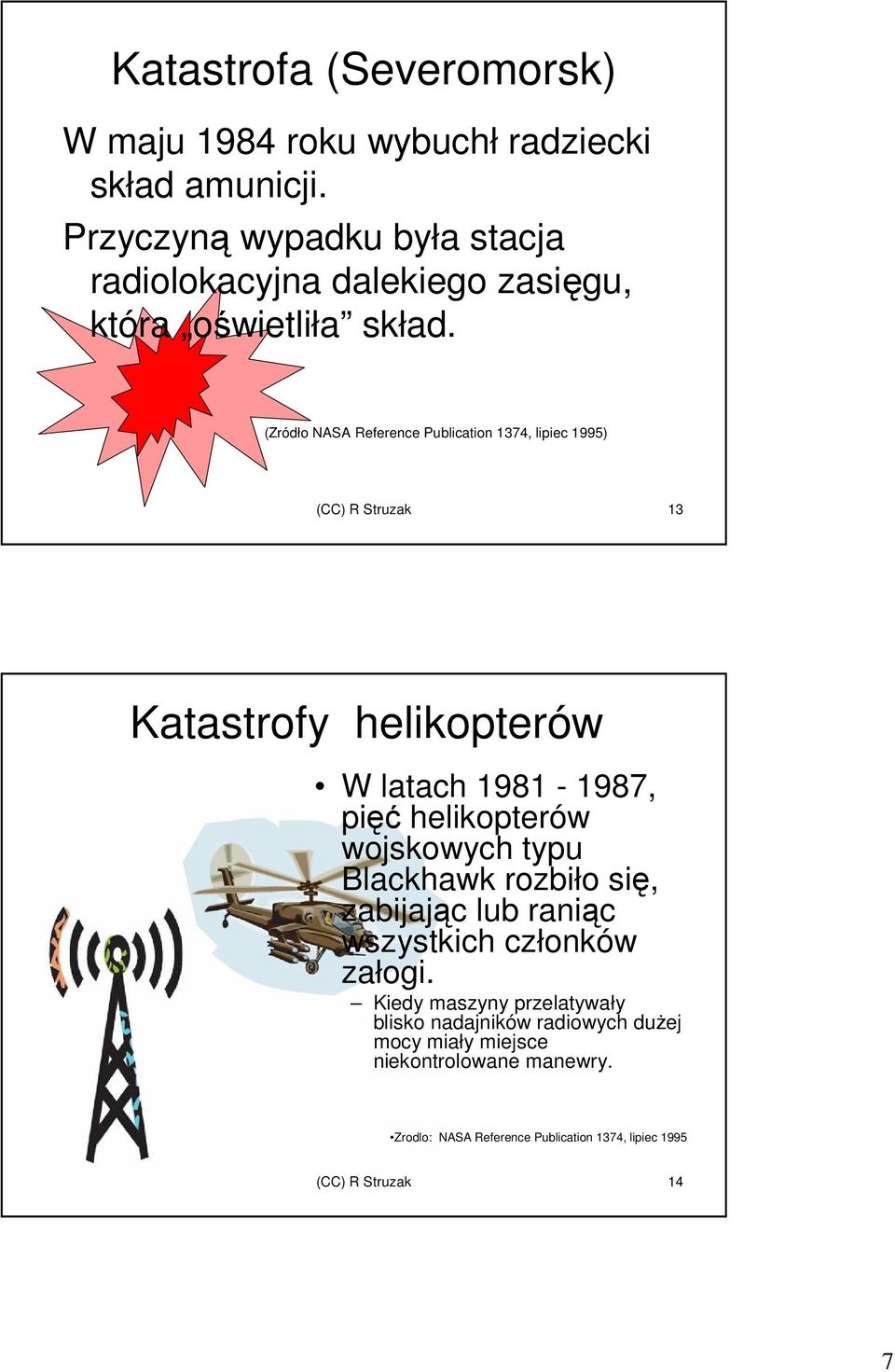 (Zródło NASA Reference Publication 1374, lipiec 1995) (CC) R Struzak 13 Katastrofy helikopterów W latach 1981-1987, pięć helikopterów