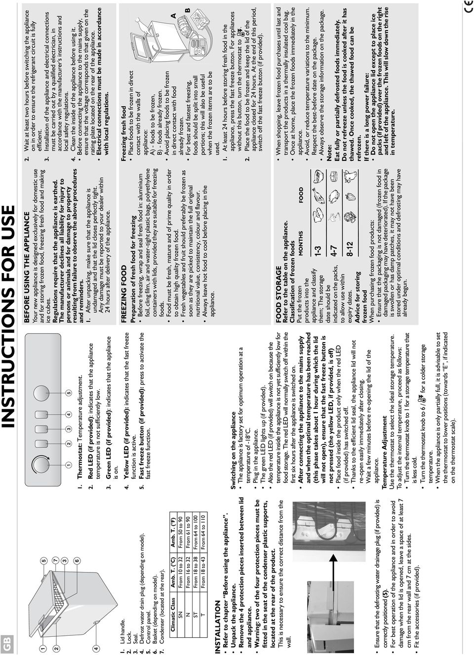 ( C) Amb. T. ( F) SN From 10 to 32 From 50 to 90 N From 16 to 32 From 61 to 90 ST From 18 to 38 From 64 to 100 T From 18 to 43 From 64 to 110 INSTALLATION Refer to chapter Before using the appliance.