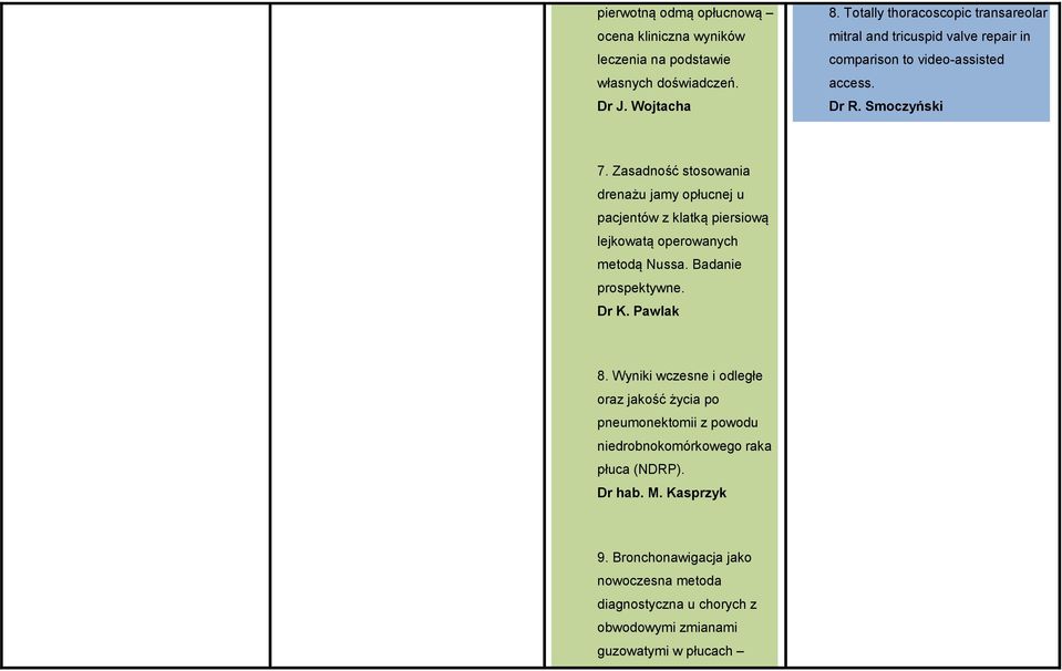 Zasadność stosowania drenażu jamy opłucnej u pacjentów z klatką piersiową lejkowatą operowanych metodą Nussa. Badanie prospektywne. Dr K. Pawlak 8.