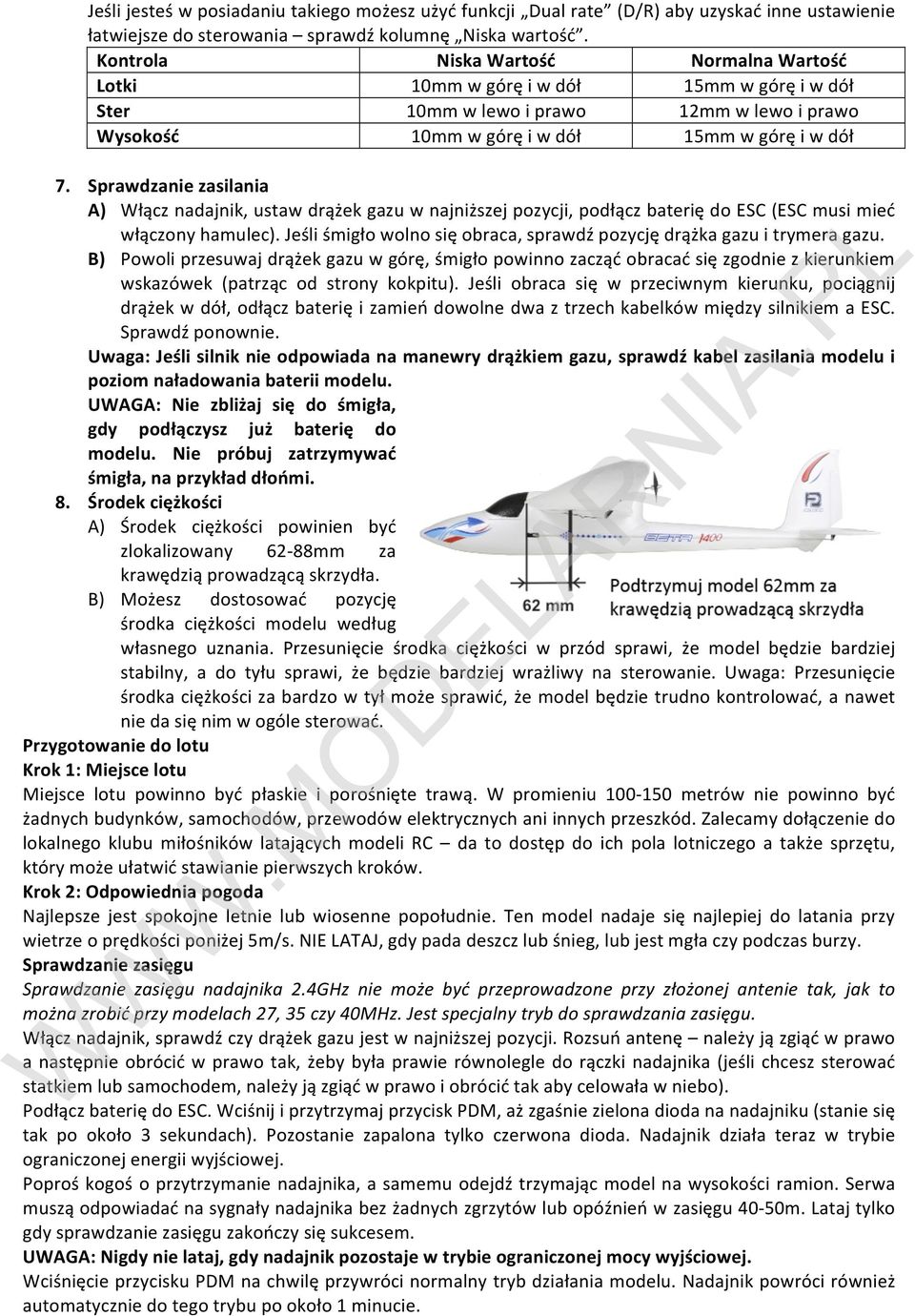 Sprawdzanie zasilania A) Włącz nadajnik, ustaw drążek gazu w najniższej pozycji, podłącz baterię do ESC (ESC musi mieć włączony hamulec).