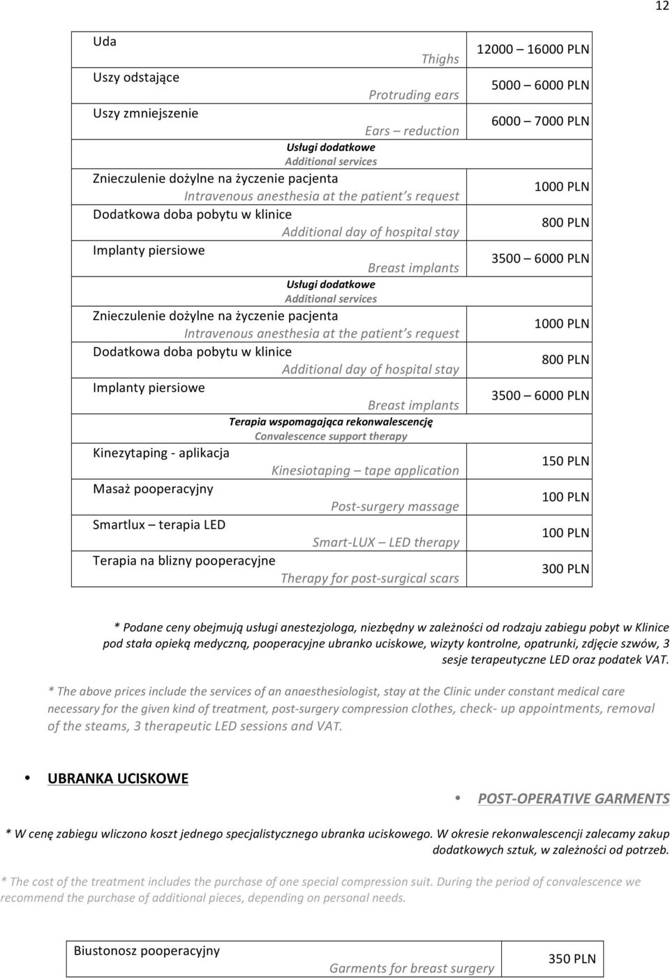 anesthesia at the patient s request Dodatkowa doba pobytu w klinice Additional day of hospital stay Implanty piersiowe Breast implants Terapia wspomagająca rekonwalescencję Convalescence support