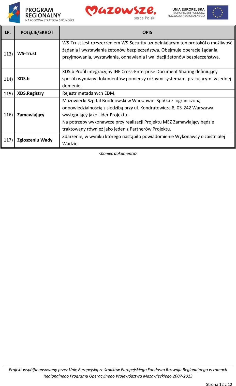 b Profil integracyjny IHE Cross-Enterprise Document Sharing definiujący sposób wymiany dokumentów pomiędzy różnymi systemami pracującymi w jednej domenie. 115) XDS.Registry Rejestr metadanych EDM.