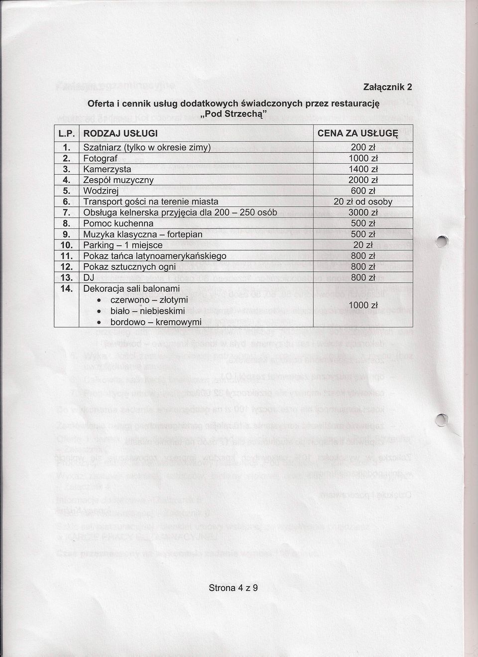 Transport gości na terenie miasta Obsłuqa kelnerska przyjęcia dla 200-250 osób Pomoc kuchenna Muzyka klasyczna - fortepian Parking - 1 miejsce Pokaz tańca