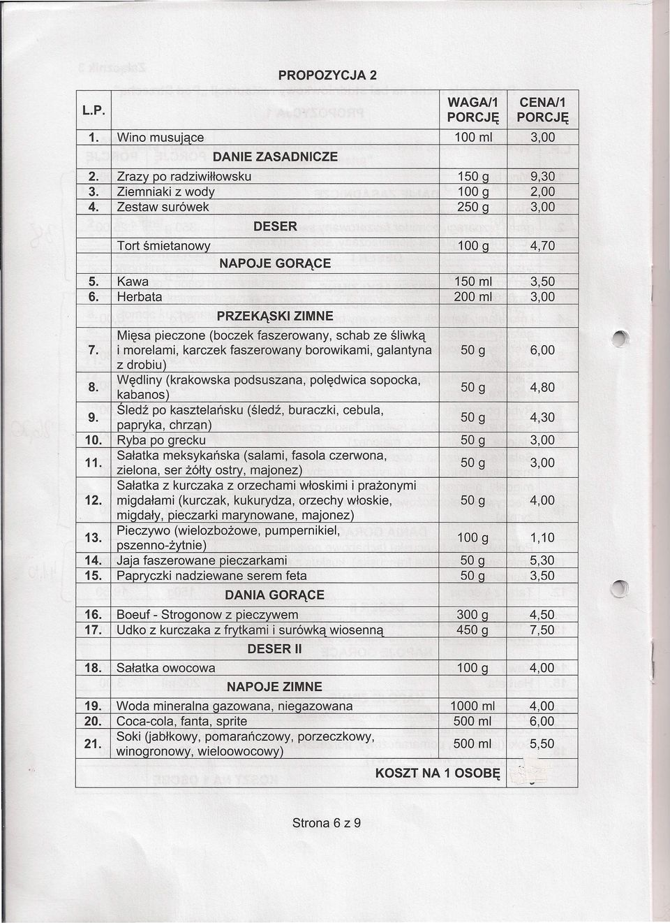 i morelami, karczek faszerowany borowikami, galantyna 6,00 z drobiu) Wędliny (krakowska podsuszana, polędwica sopocka, 8. kabanos) 4,80 9.