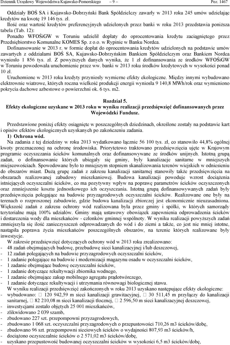 12): Ponadto WFOŚiGW w Toruniu udzielił dopłaty do oprocentowania kredytu zaciągniętego przez Przedsiębiorstwo Komunalne KOMES Sp. z o.o. w Rypinie w Banku Nordea. Dofinansowanie w 2013 r.