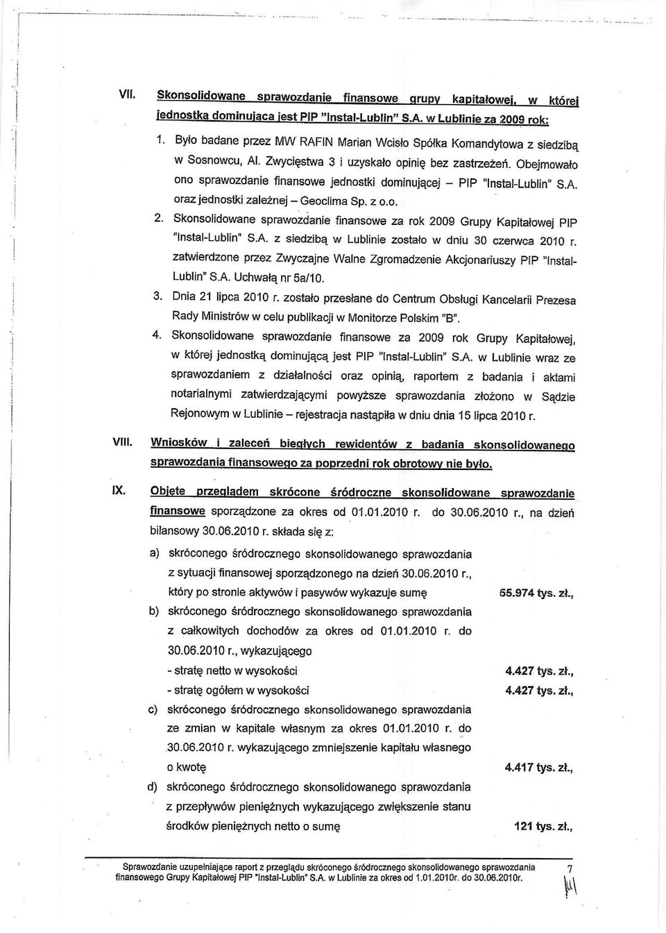 z o,o, Skonsolidowane sprawozdanie finansowe za rok 2009 Grupy Kapitalowej plp "lnstal-lublin" S.A. z siedzibq w Lublinie zostalo w dniu 30 czerwca 2OlO r.