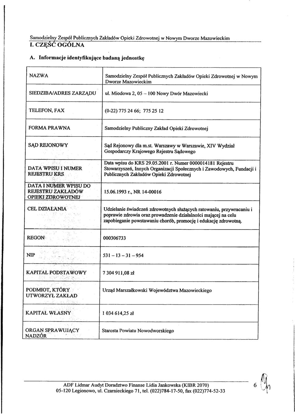 Miodowa 2, 05-100 Nowy Dwór Mazowiecki TELEFON, FAX (0-22) 775 24 66; 77525 12 FORMA PRAWNA Samodzielny Publiczny zakład Opieki Zdrowotnej SĄD REJONOWY Sąd Rejonowy dla m.st.