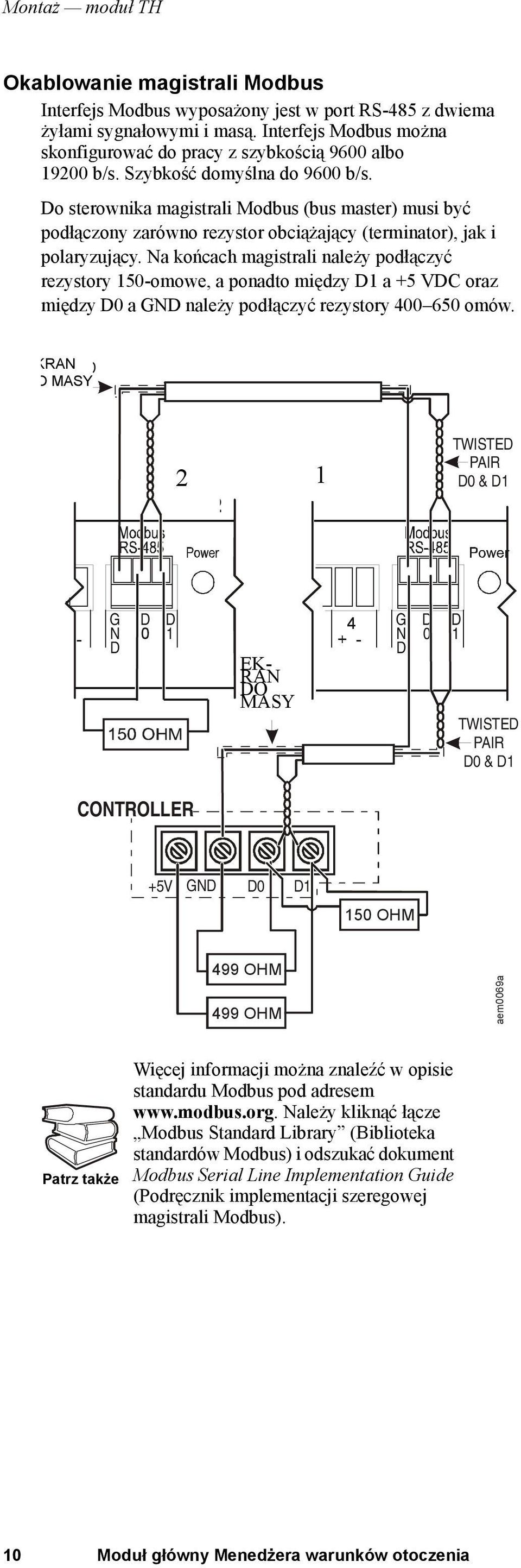 Do sterownika magistrali Modbus (bus master) musi być podłączony zarówno rezystor obciążający (terminator), jak i polaryzujący.