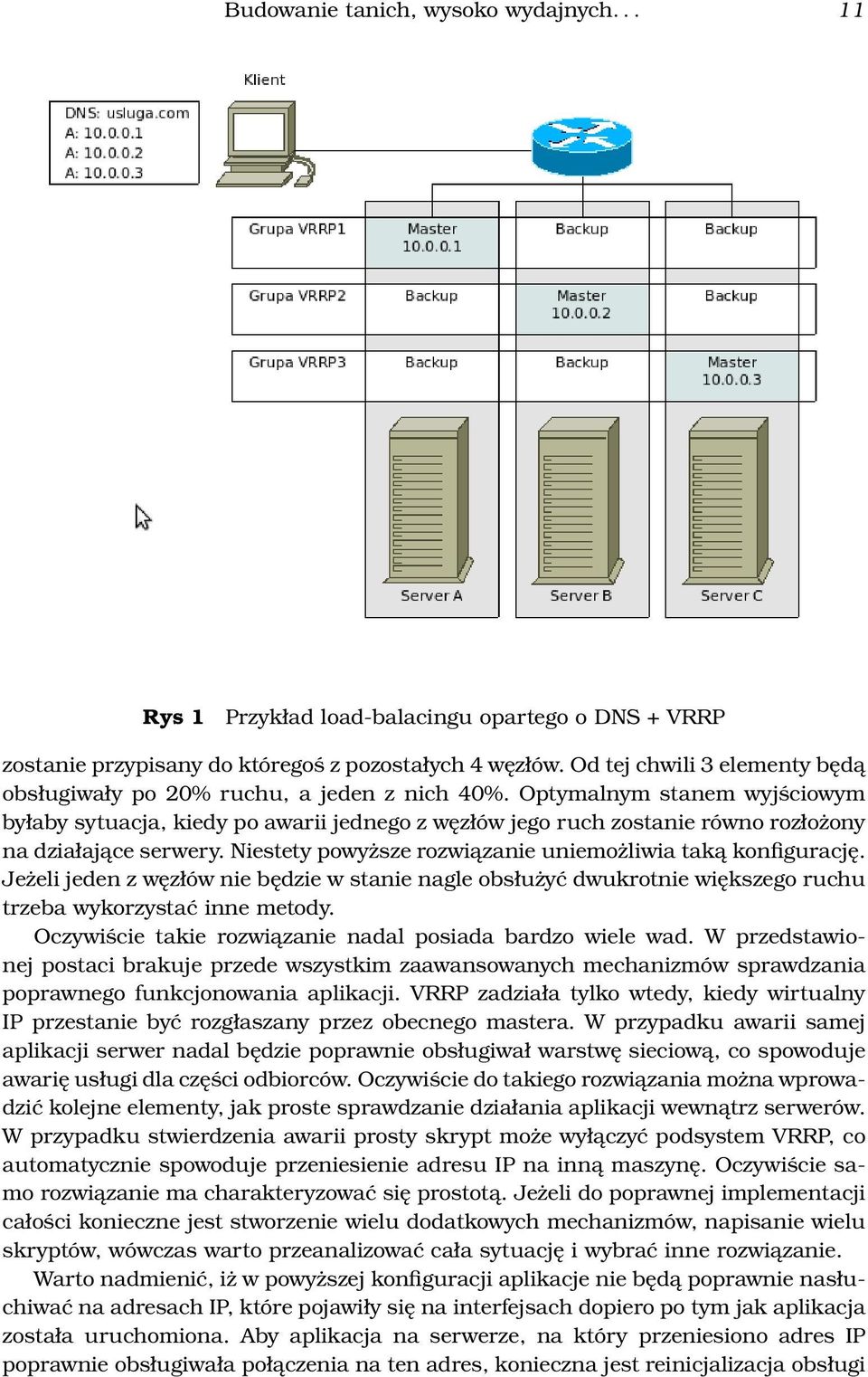 Optymalnym stanem wyjściowym byłaby sytuacja, kiedy po awarii jednego z węzłów jego ruch zostanie równo rozłożony na działające serwery. Niestety powyższe rozwiązanie uniemożliwia taką konfigurację.