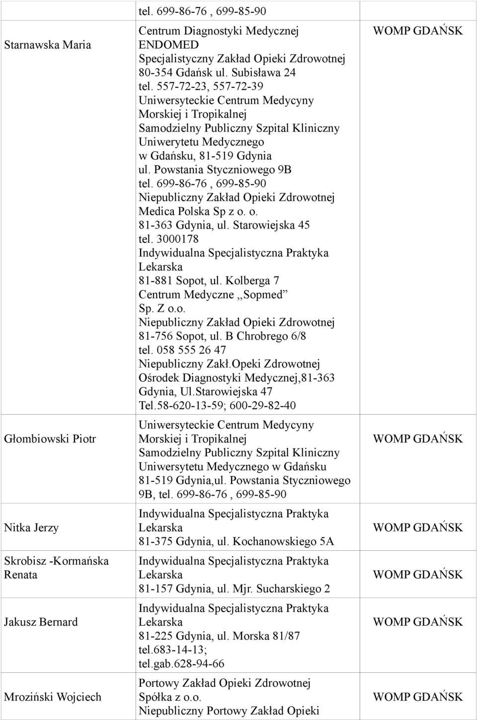 557-72-23, 557-72-39 Uniwersyteckie Centrum Medycyny Morskiej i Tropikalnej Samodzielny Publiczny Szpital Kliniczny Uniwerytetu Medycznego w Gdańsku, 81-519 Gdynia ul. Powstania Styczniowego 9B tel.