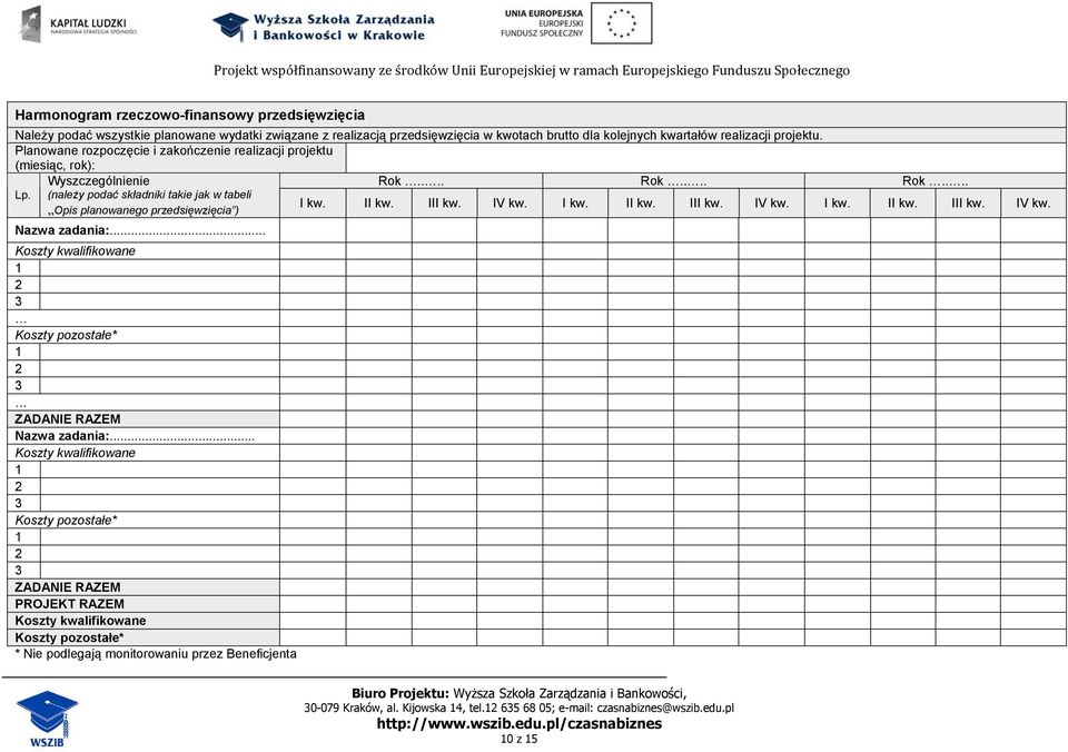 III kw. IV kw. I kw. II kw. III kw. IV kw. I kw. II kw. III kw. IV kw. Opis planowanego przedsięwzięcia ) Nazwa zadania:.