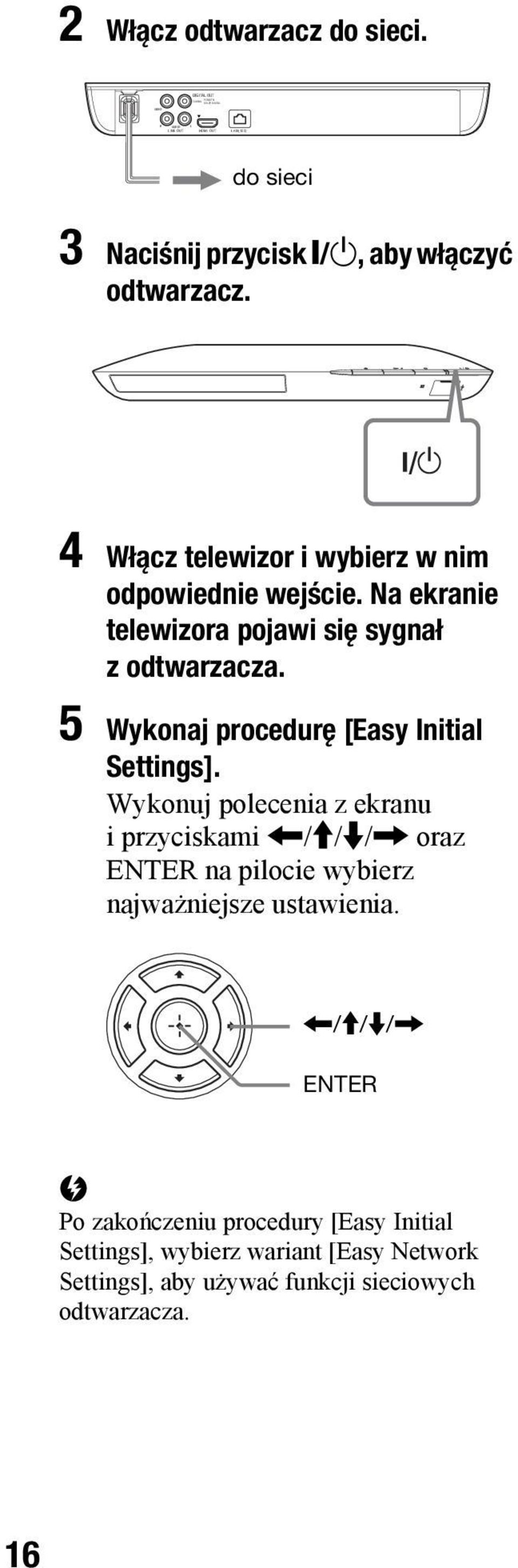 Na ekranie telewizora pojawi się sygnał zodtwarzacza. 5 Wykonaj procedurę [Easy Initial Settings].