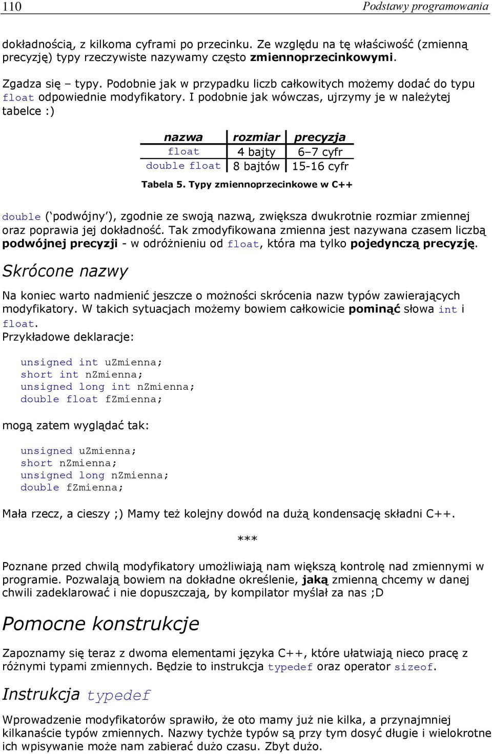 I podobnie jak wówczas, ujrzymy je w należytej tabelce :) nazwa rozmiar precyzja float 4 bajty 6 7 cyfr double float 8 bajtów 15-16 cyfr Tabela 5.