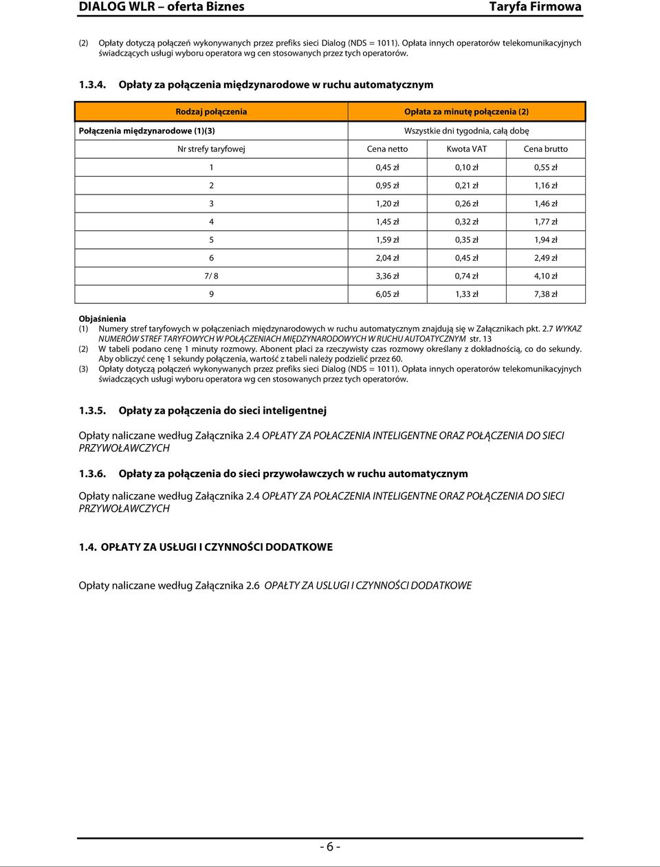 Opłaty za połączenia międzynarodowe w ruchu automatycznym Rodzaj połączenia Opłata za minutę połączenia (2) Połączenia międzynarodowe (1)(3) Wszystkie dni tygodnia, całą dobę Nr strefy taryfowej Cena