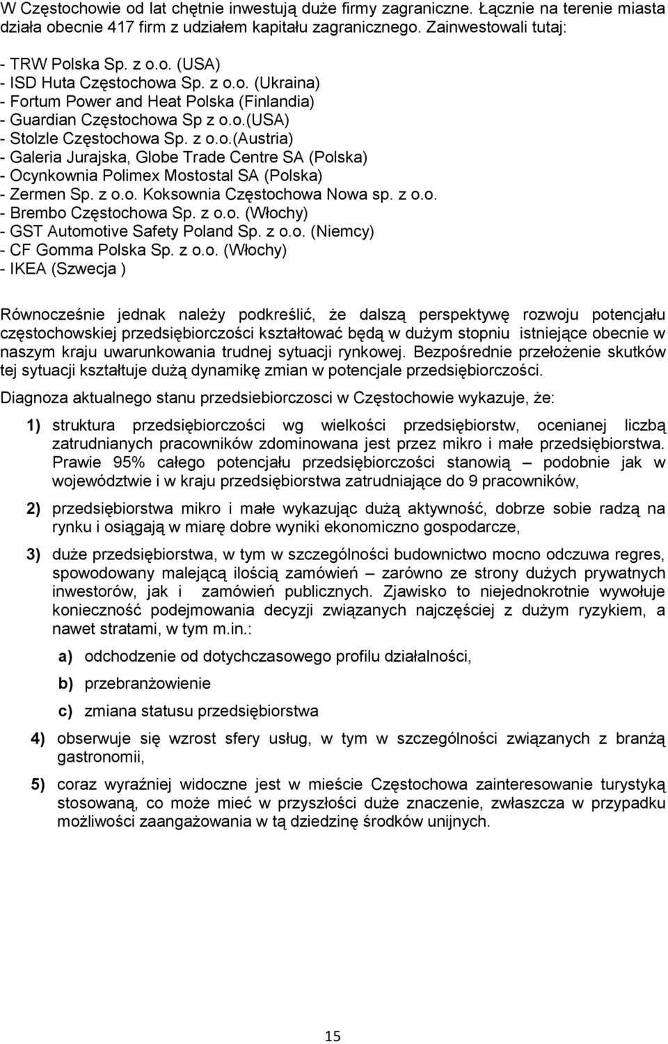 z o.o. Koksownia Częstochowa Nowa sp. z o.o. - Brembo Częstochowa Sp. z o.o. (Włochy) - GST Automotive Safety Poland Sp. z o.o. (Niemcy) - CF Gomma Polska Sp. z o.o. (Włochy) - IKEA (Szwecja )