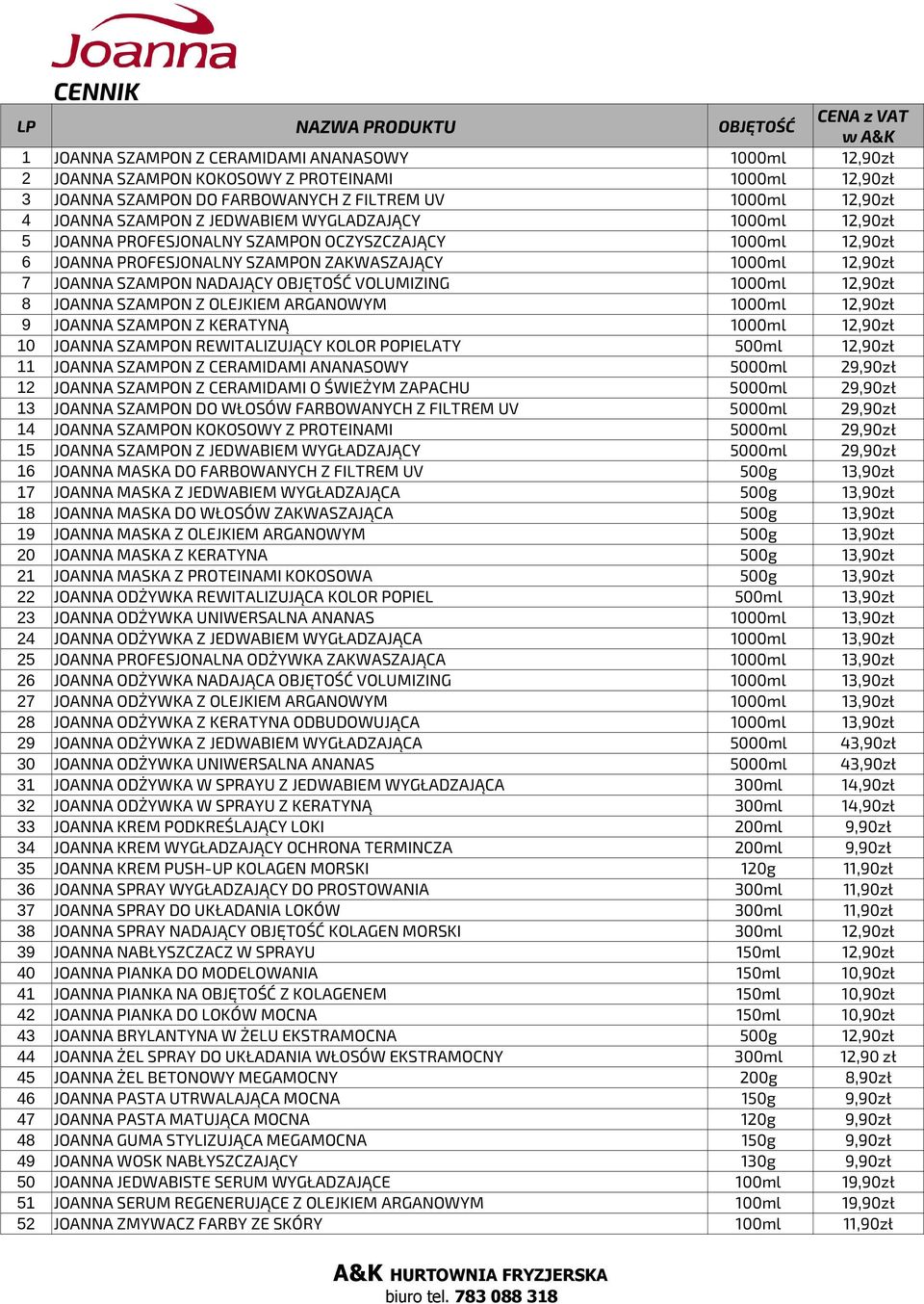 OBJĘTOŚĆ VOLUMIZING 1000ml 12,90zł 8 JOANNA SZAMPON Z OLEJKIEM ARGANOWYM 1000ml 12,90zł 9 JOANNA SZAMPON Z KERATYNĄ 1000ml 12,90zł 10 JOANNA SZAMPON REWITALIZUJĄCY KOLOR POPIELATY 500ml 12,90zł 11