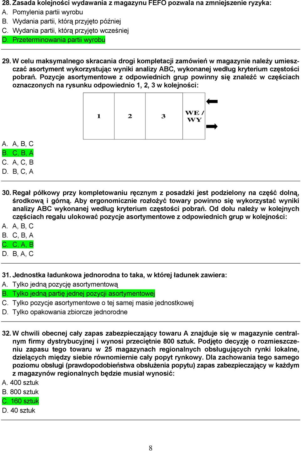 W celu maksymalnego skracania drogi kompletacji zamówień w magazynie należy umieszczać asortyment wykorzystując wyniki analizy ABC, wykonanej według kryterium częstości pobrań.