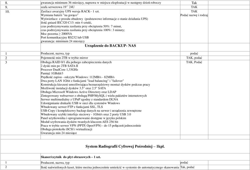 minut, czas podtrzymywania zasilania przy obciążeniu 100%: 3 minuty; Moc pozorna 2000VA Port komunikacyjny RS232 lub USB gwarancja: minimum 24 miesięcy Podać nazwę i rodzaj Urządzenie do BACKUP- NAS