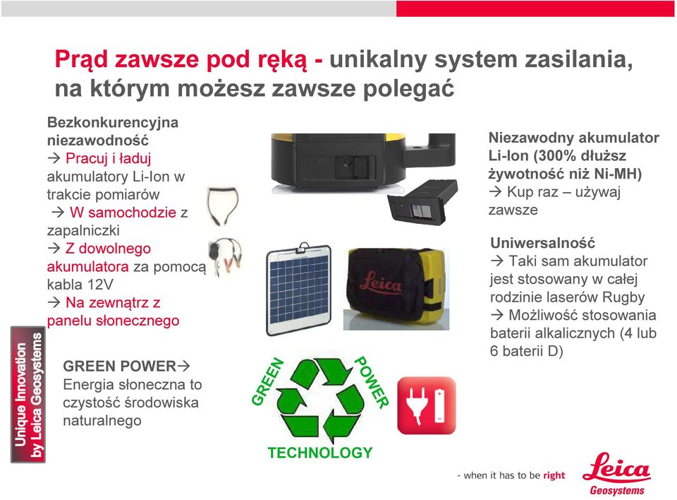 słoneczna to czystość środowiska naturalnego GREEN POWER Niezawodny akumulator Li-Ion (300% dłuższ żywotność niż Ni-MH) Kup raz używaj zawsze