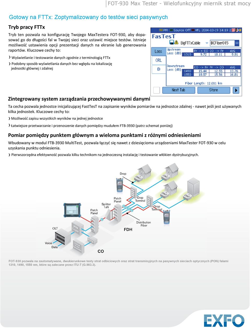 Kluczowe cechy to: Wyświetlanie i testowanie danych zgodnie z terminologią FTTx Podobny sposób wyświetlania danych bez wględu na lokalizację jednostki głównej i zdalnej FOT-930 Max Tester -