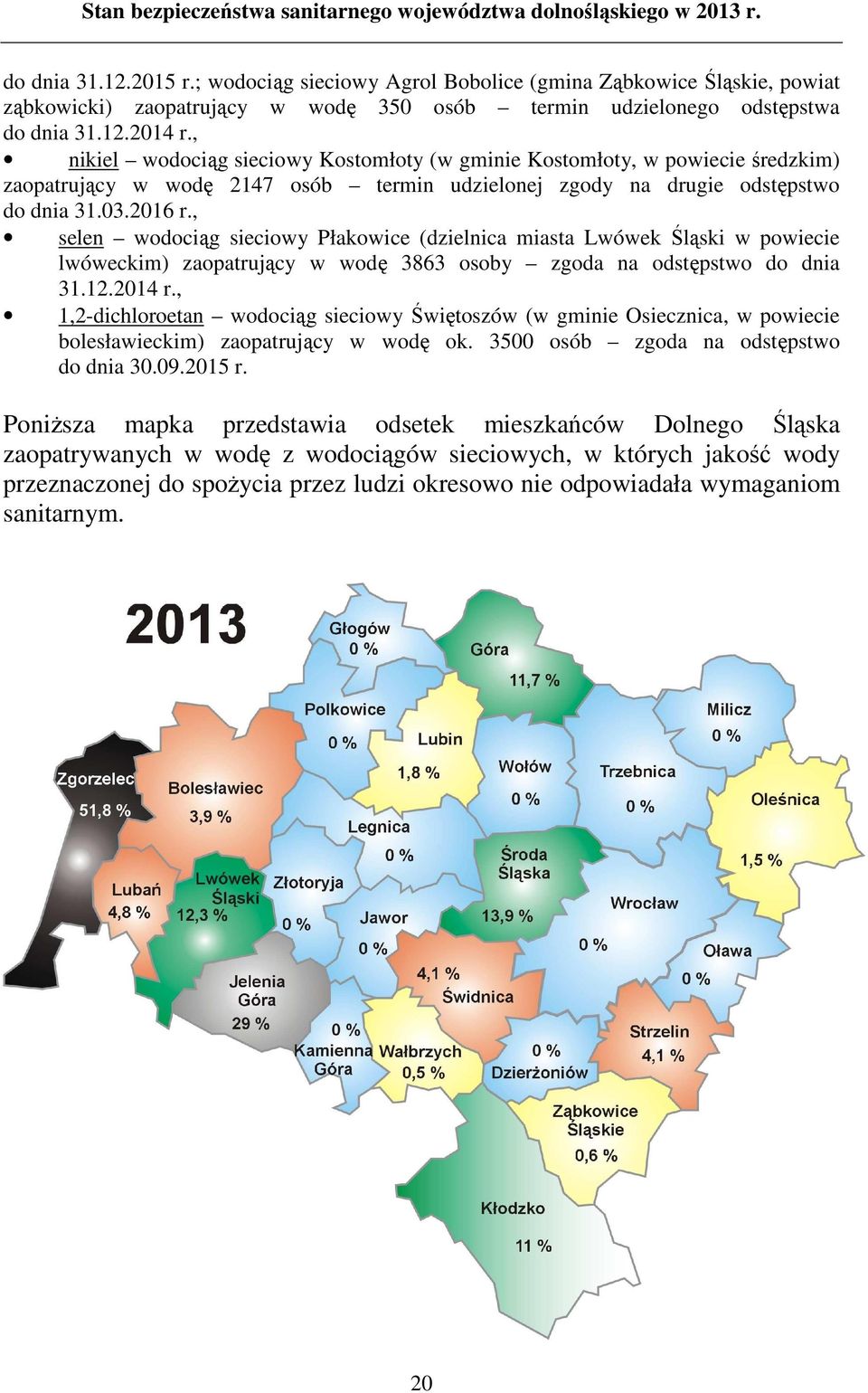 , selen wodociąg sieciowy Płakowice (dzielnica miasta Lwówek Śląski w powiecie lwóweckim) zaopatrujący w wodę 3863 osoby zgoda na odstępstwo do dnia 31.12.2014 r.