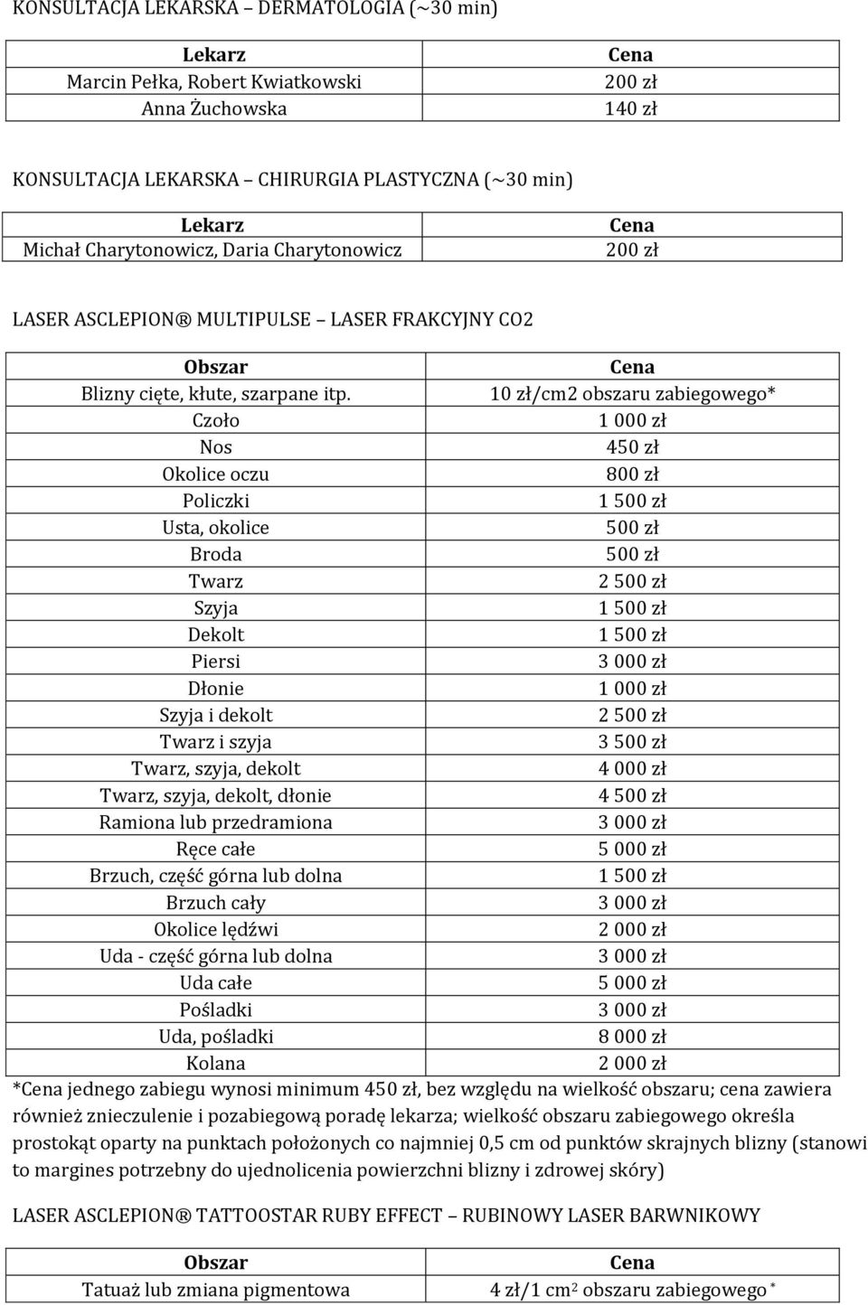 10 zł/cm2 obszaru zabiegowego* Czoło Nos 450 zł Okolice oczu 800 zł Policzki 1 Usta, okolice Broda 2 1 1 Piersi 3 000 zł i dekolt 2 i szyja 3, szyja, dekolt 4 000 zł, szyja, dekolt, dłonie 4 lub