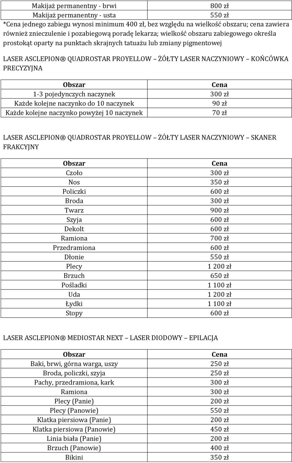 pojedynczych naczynek Każde kolejne naczynko do 10 naczynek 90 zł Każde kolejne naczynko powyżej 10 naczynek 70 zł LASER ASCLEPION QUADROSTAR PROYELLOW ŻÓŁTY LASER NACZYNIOWY SKANER FRAKCYJNY Czoło