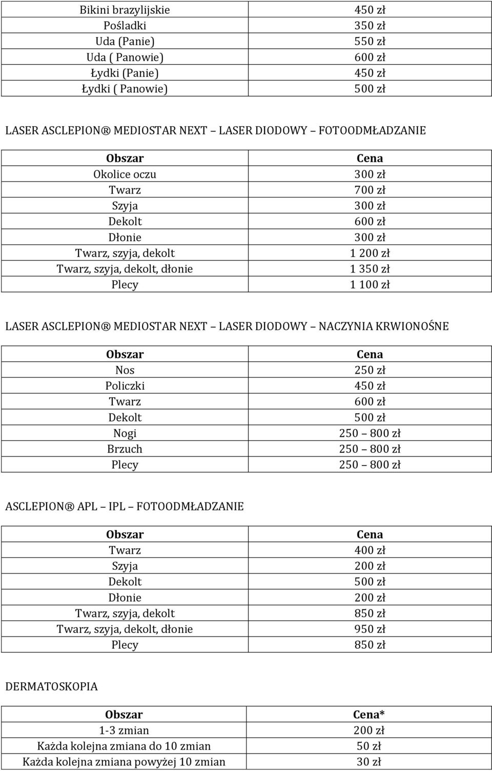 KRWIONOŚNE Nos Policzki Nogi Brzuch Plecy 450 zł 250 800 zł 250 800 zł 250 800 zł ASCLEPION APL IPL FOTOODMŁADZANIE, szyja, dekolt, szyja, dekolt,