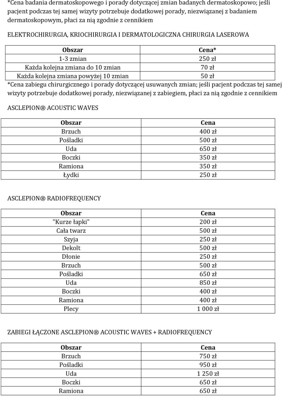 chirurgicznego i porady dotyczącej usuwanych zmian; jeśli pacjent podczas tej samej wizyty potrzebuje dodatkowej porady, niezwiązanej z zabiegiem, płaci za nią zgodnie z cennikiem ASCLEPION ACOUSTIC