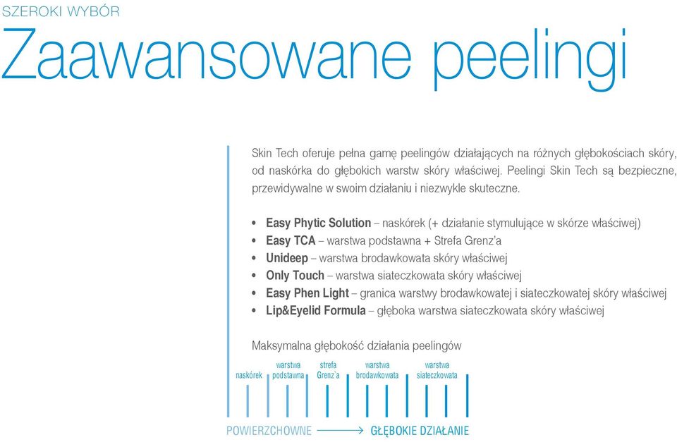 Easy Phytic Solution naskórek (+ działanie stymulujące w skórze właściwej) Easy TCA podstawna + Strefa Grenz a Unideep brodawkowata skóry właściwej Only Touch siateczkowata skóry