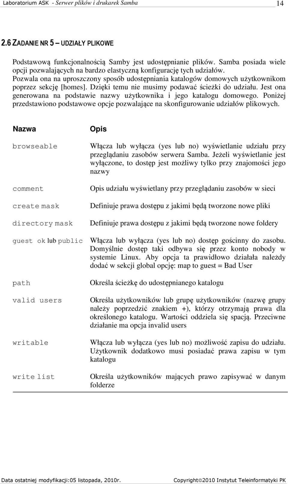 Jest ona generowana na podstawie nazwy użytkownika i jego katalogu domowego. Poniżej przedstawiono podstawowe opcje pozwalające na skonfigurowanie udziałów plikowych.