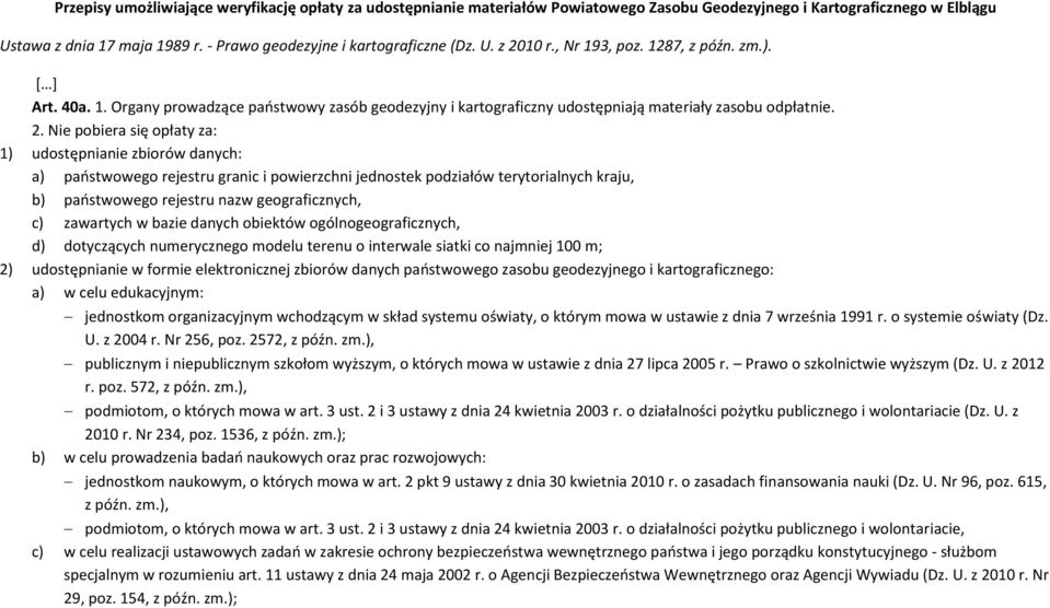 2. Nie pobiera się opłaty za: 1) udostępnianie zbiorów danych: a) państwowego rejestru granic i powierzchni jednostek podziałów terytorialnych kraju, b) państwowego rejestru nazw geograficznych, c)